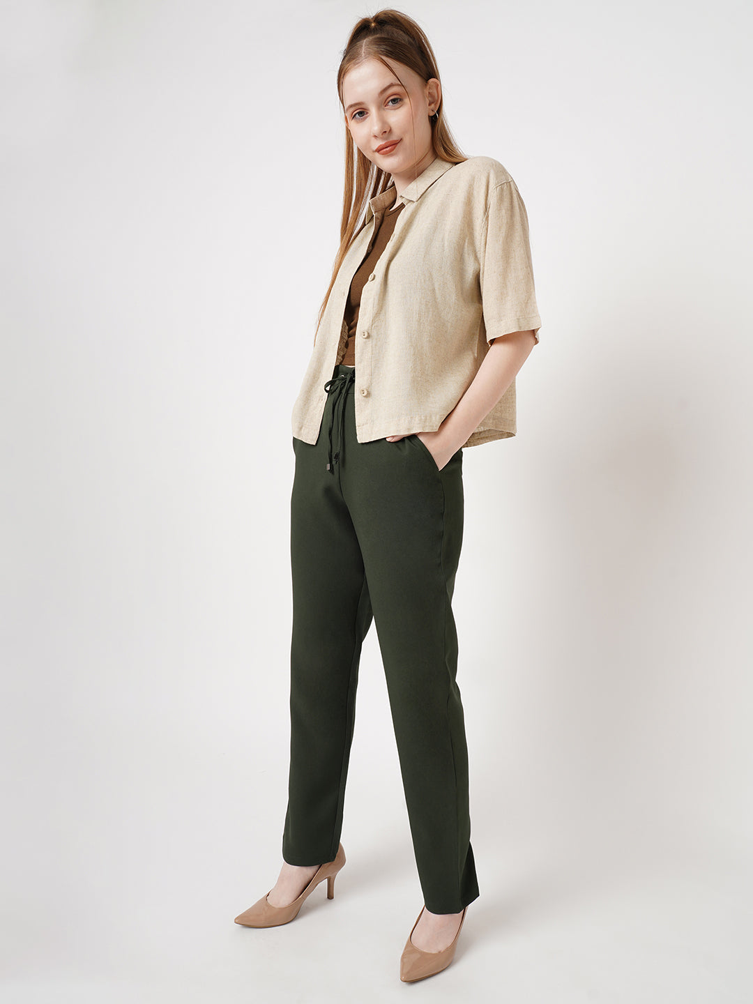 Women Olive Mid-Rise Slim Fit Trousers