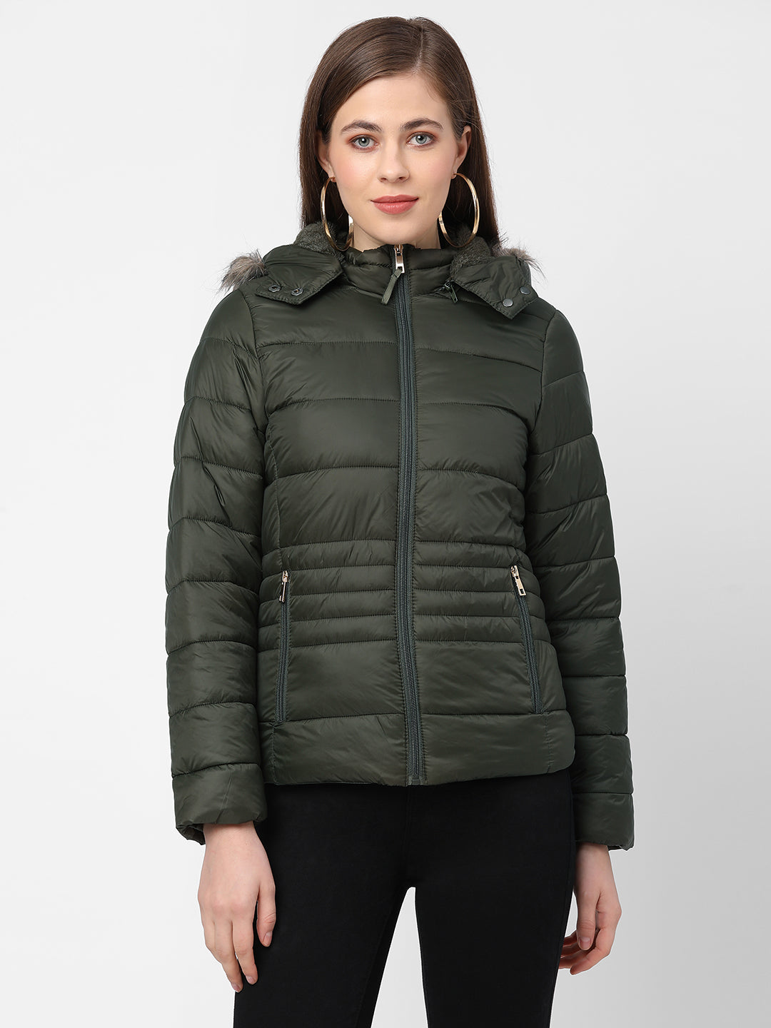 Women Olive Padded Jacket With Faux-Fur Lined Hood