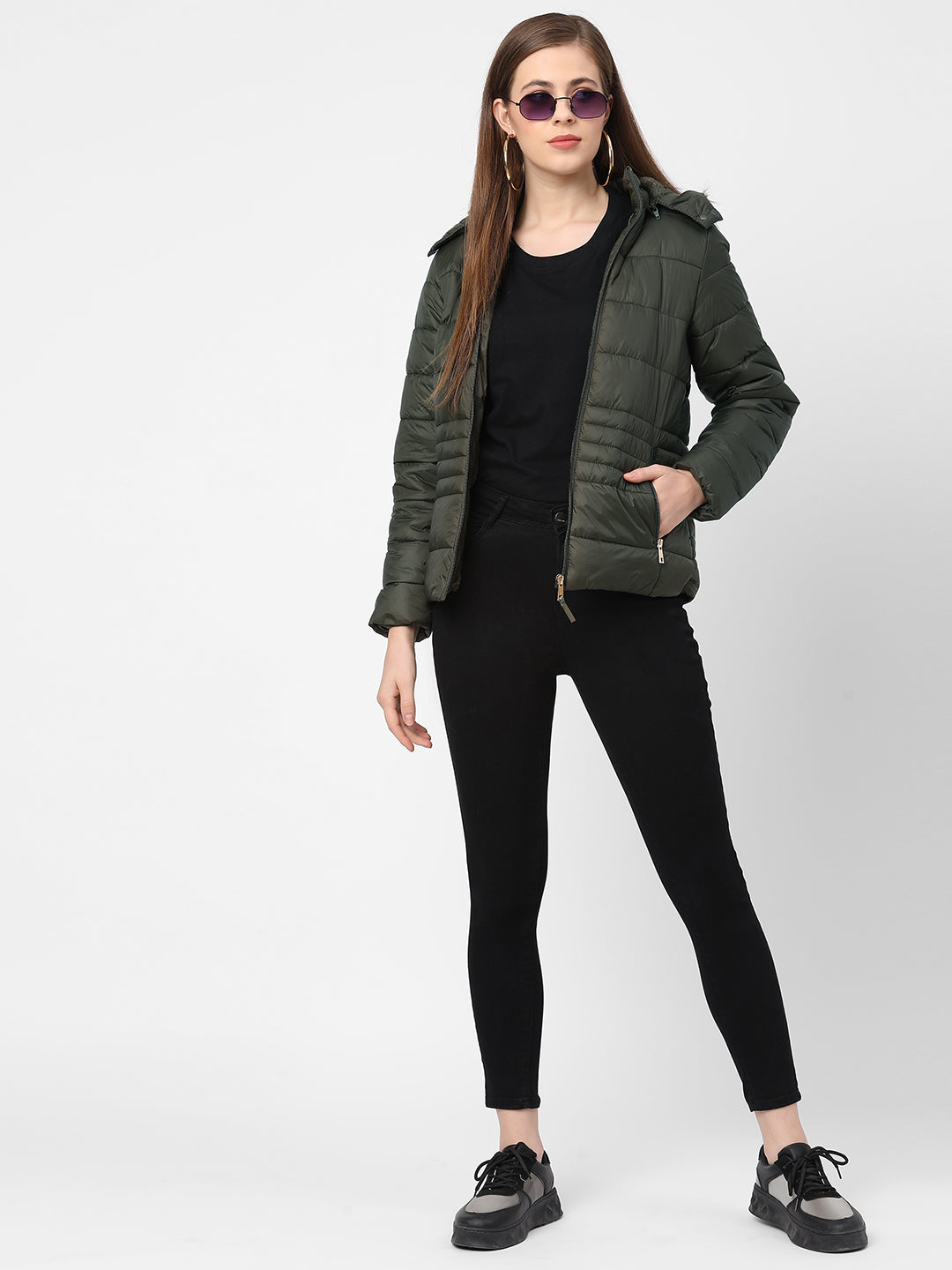 Women Olive Padded Jacket With Faux-Fur Lined Hood