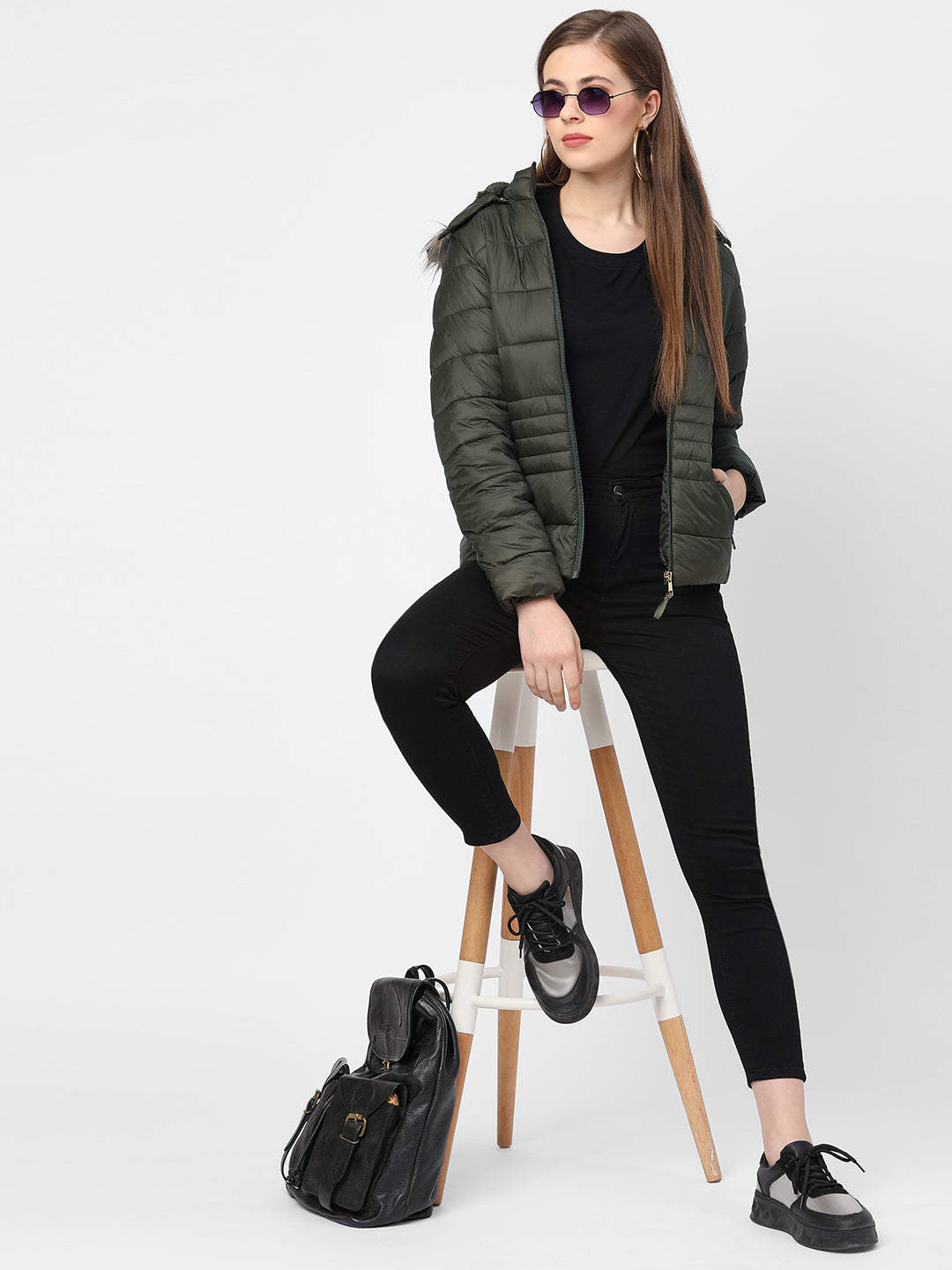 Women Olive Padded Jacket With Faux-Fur Lined Hood