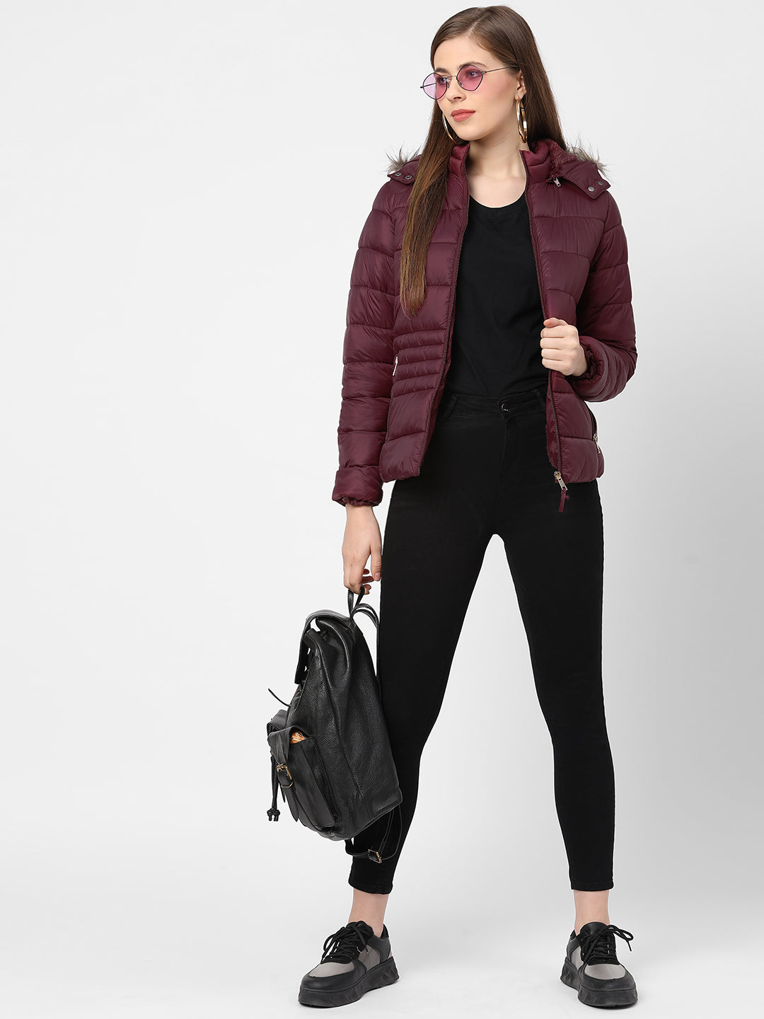 Women Maroon Padded Jacket With Faux-Fur Lined Hood