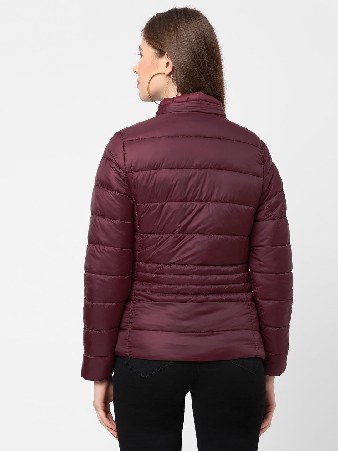 Women Maroon Padded Jacket With Faux-Fur Lined Hood