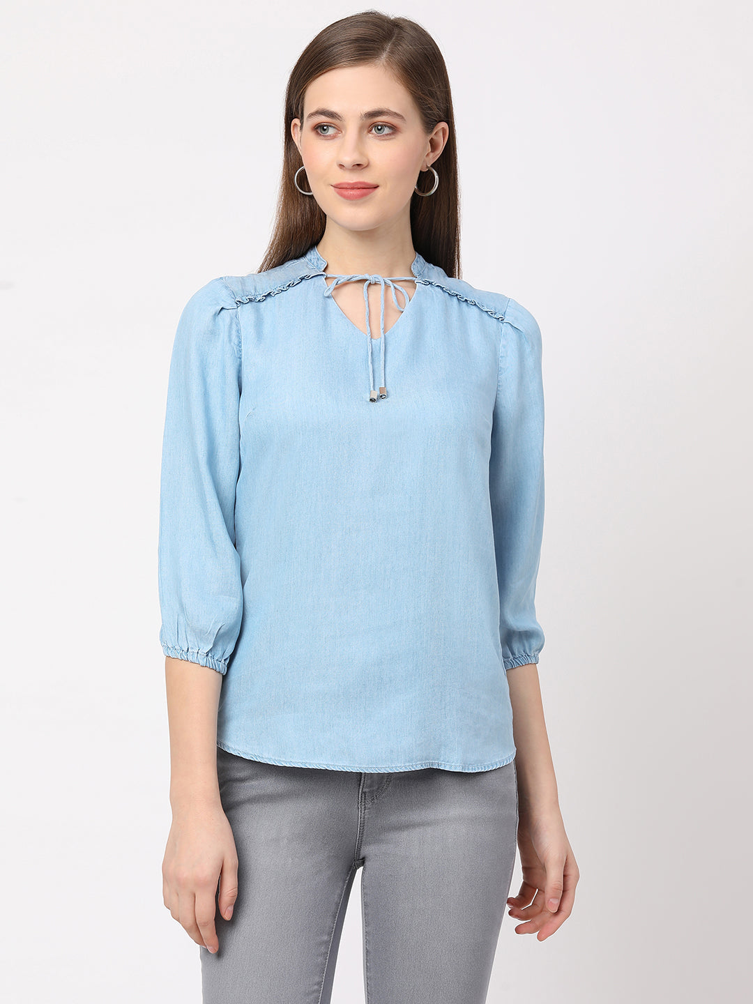 Women Blue Solid Denim Top