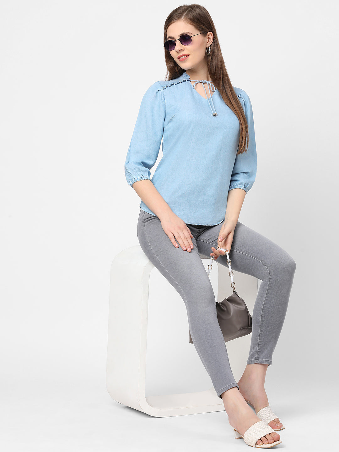 Women Blue Solid Denim Top