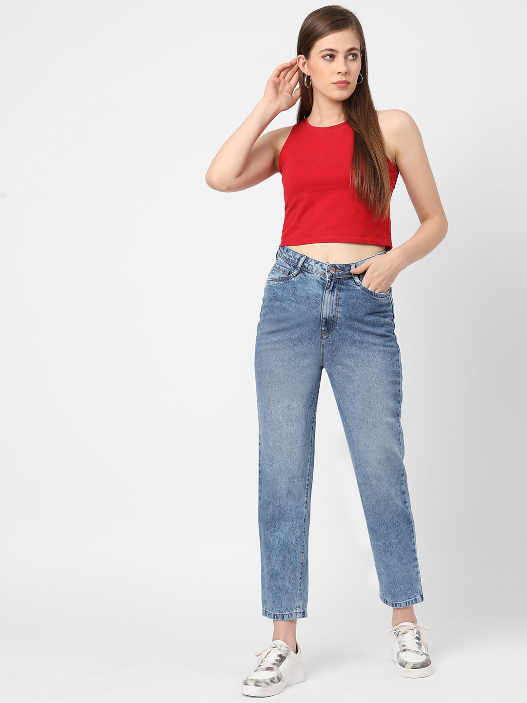 Women Light Blue High-Rise Mom Fit Jeans