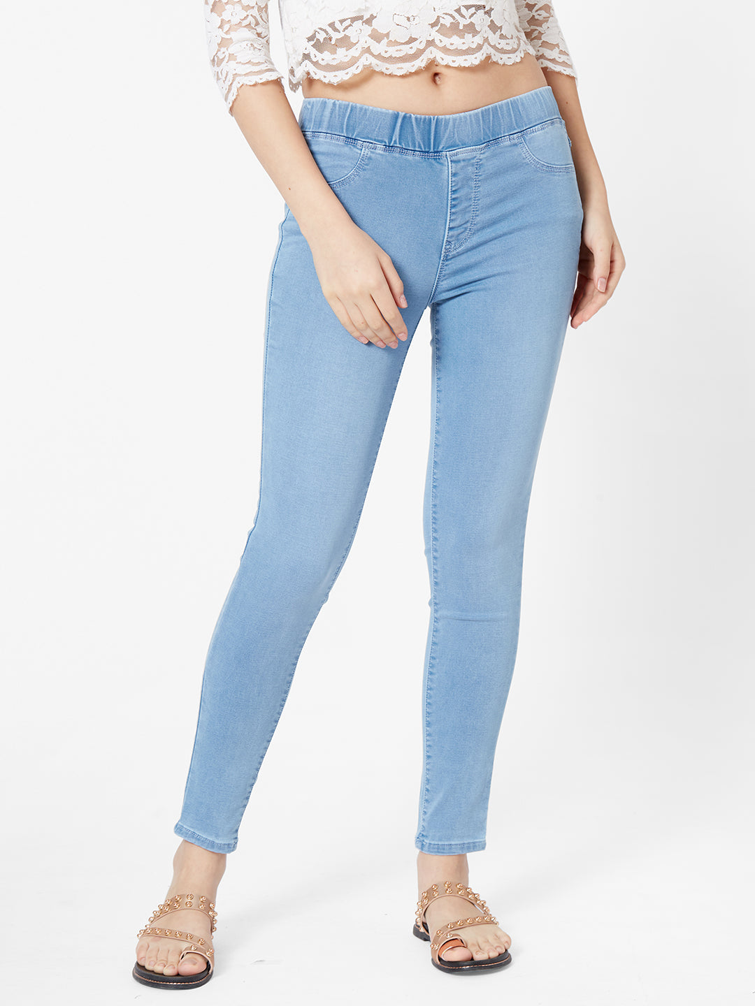 Women Light Blue Mid-Rise Denim Leggings