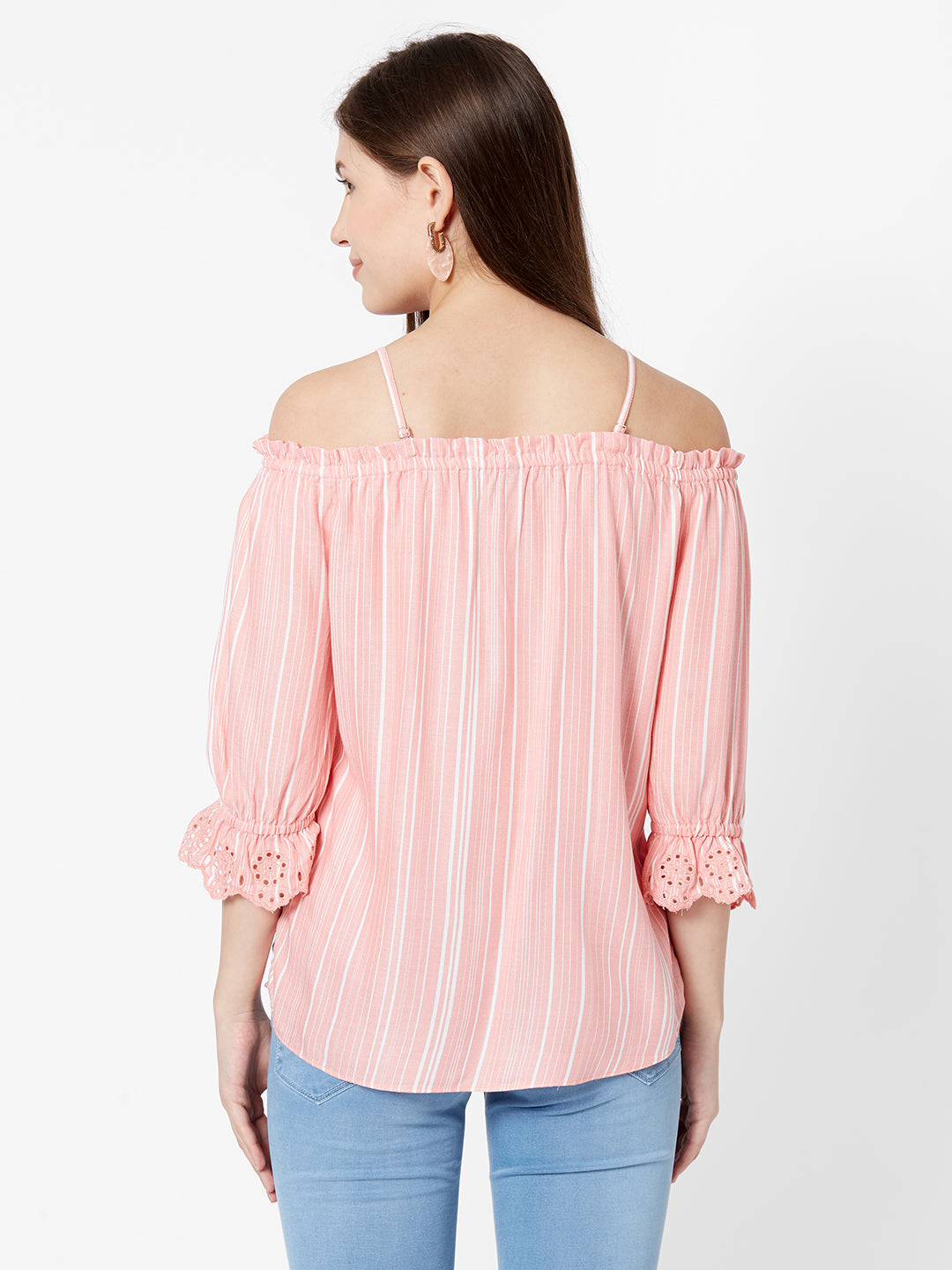 Women Peach/White Off Shoulder Top
