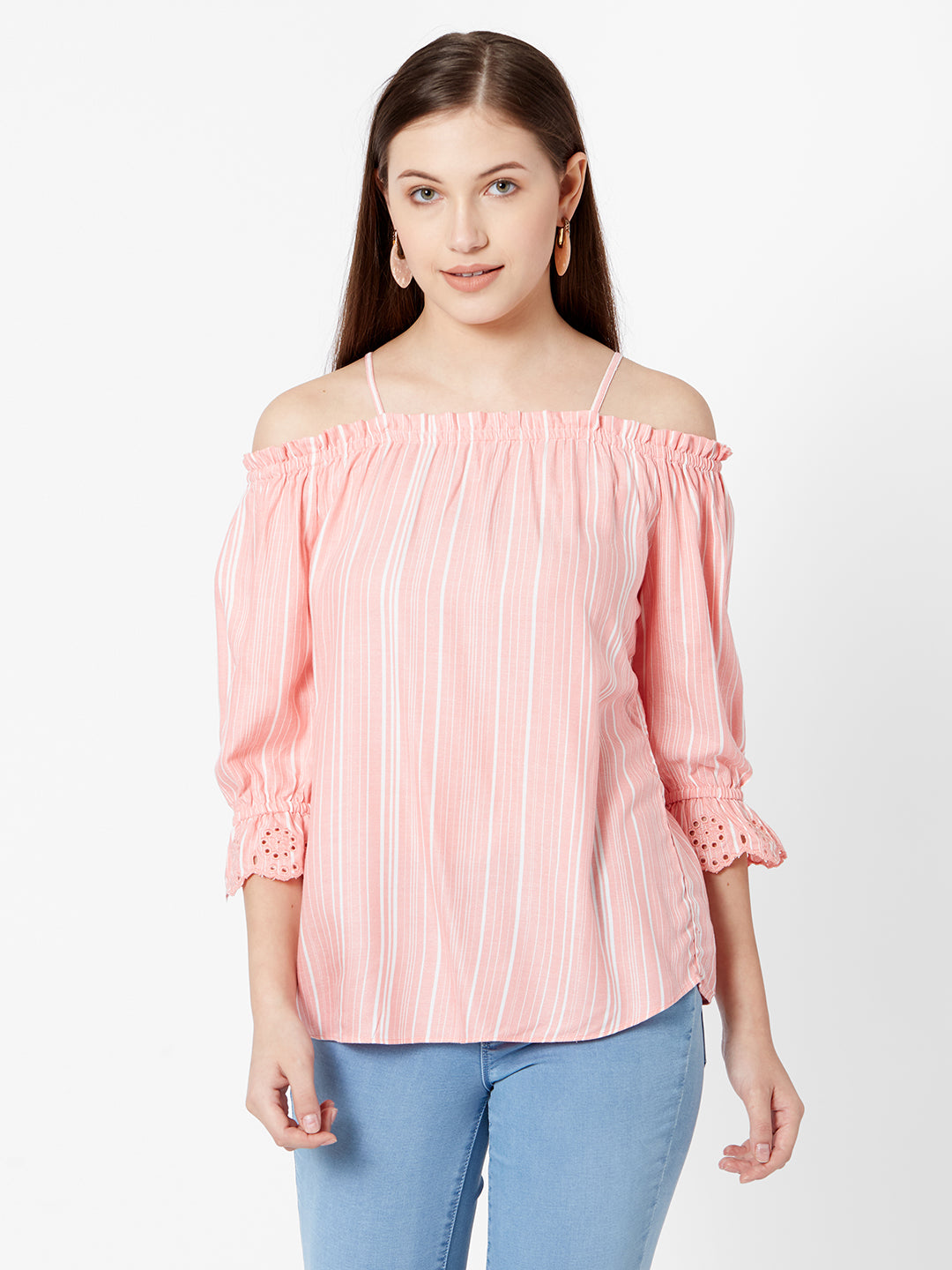 Women Peach/White Off Shoulder Top