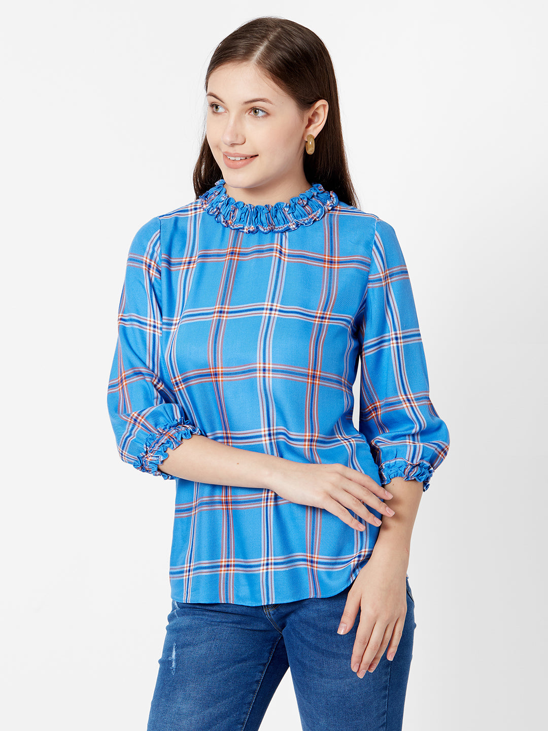 Women Royal Blue Checks Top