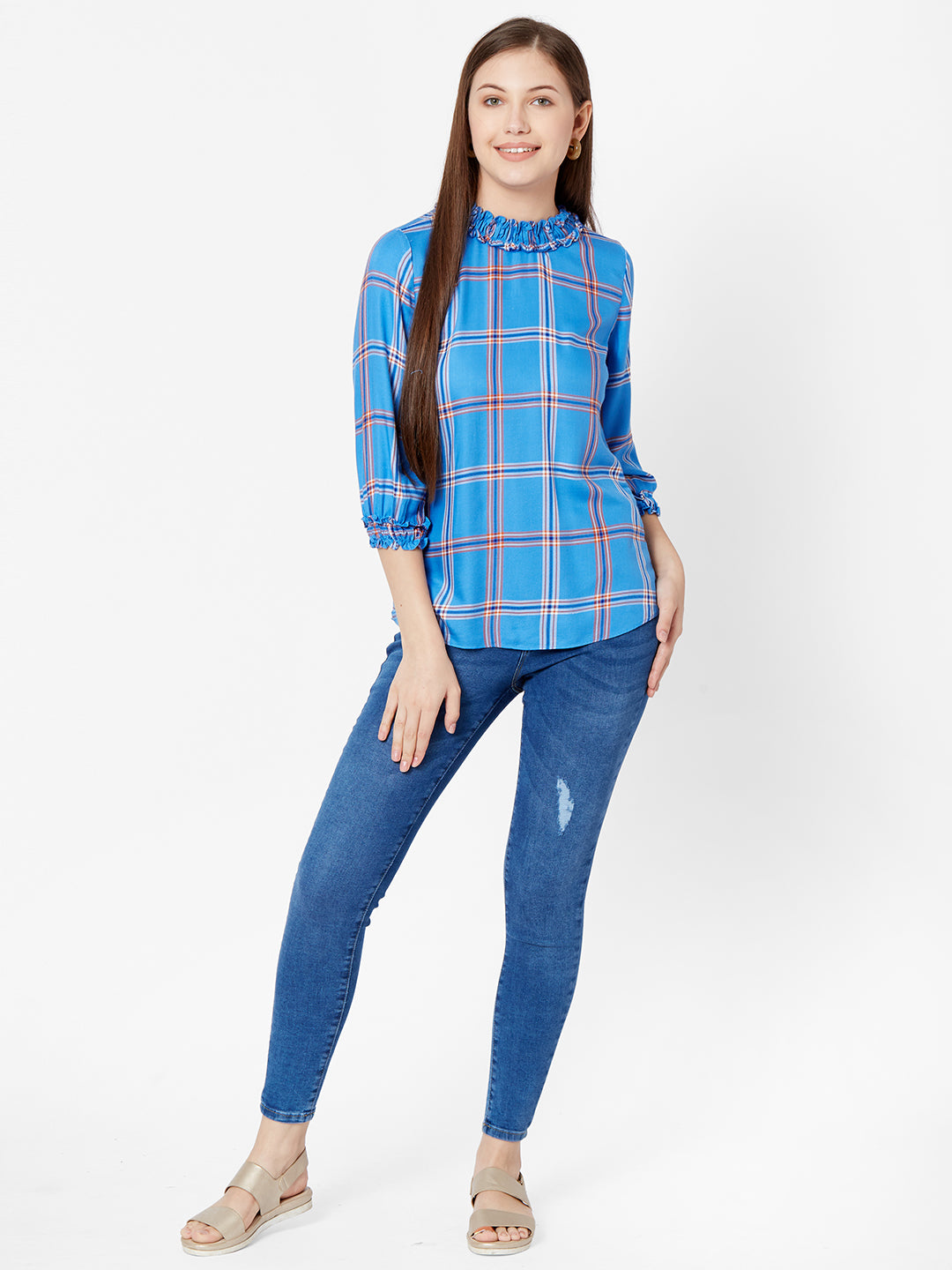 Women Royal Blue Checks Top