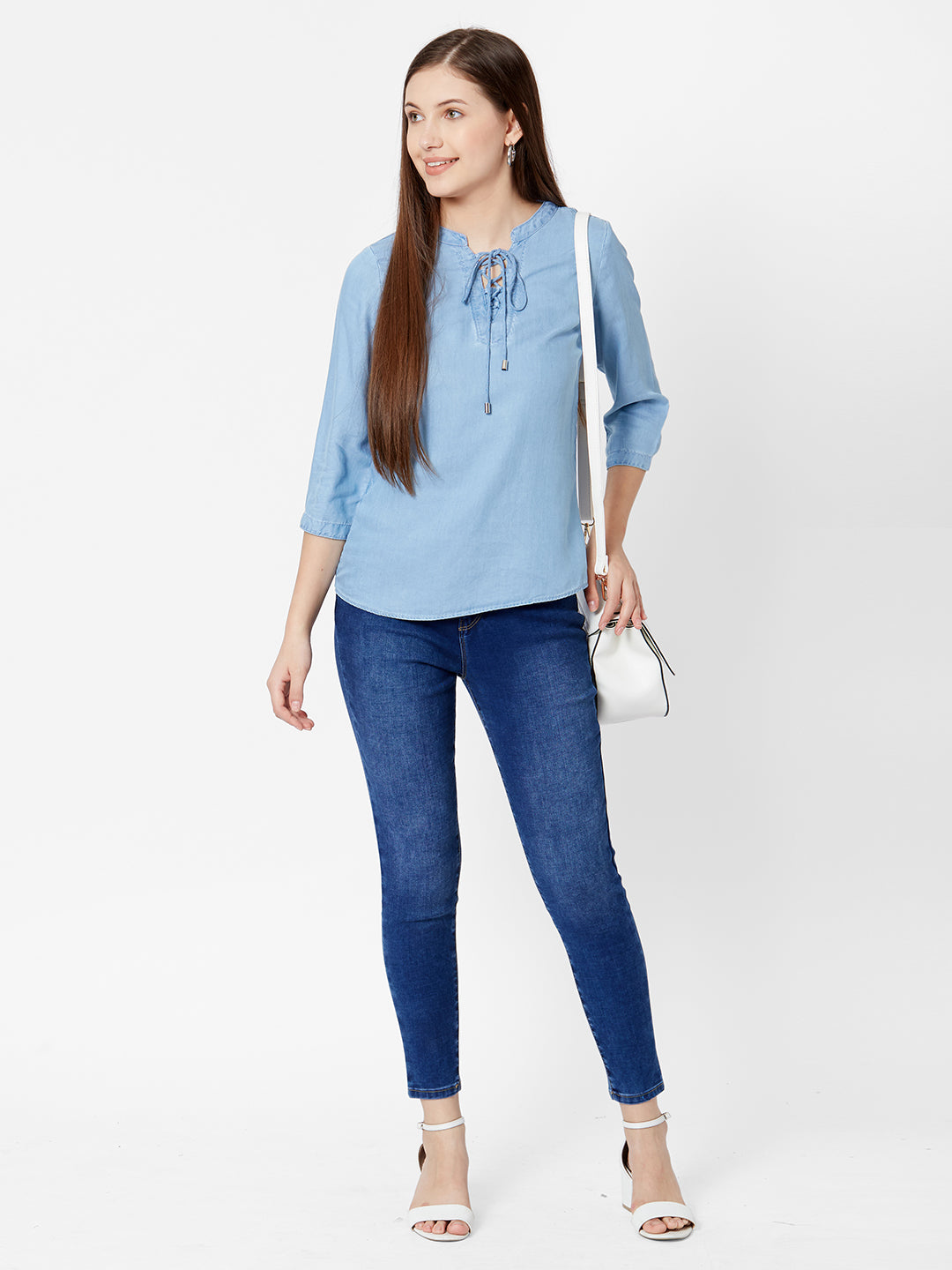 Women Light Blue Slim Denim Top