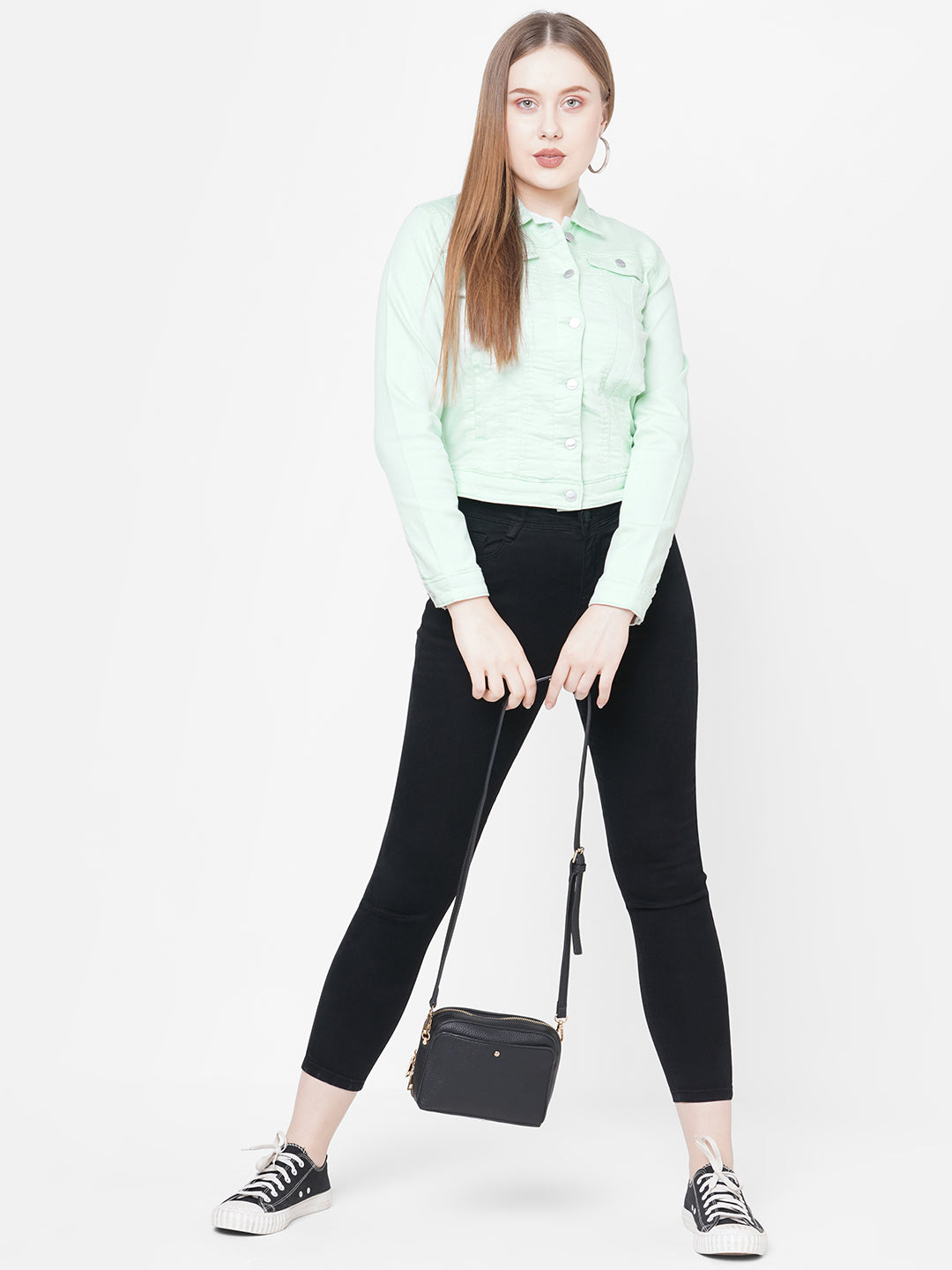 Women Mint Green Solid Crop Jacket