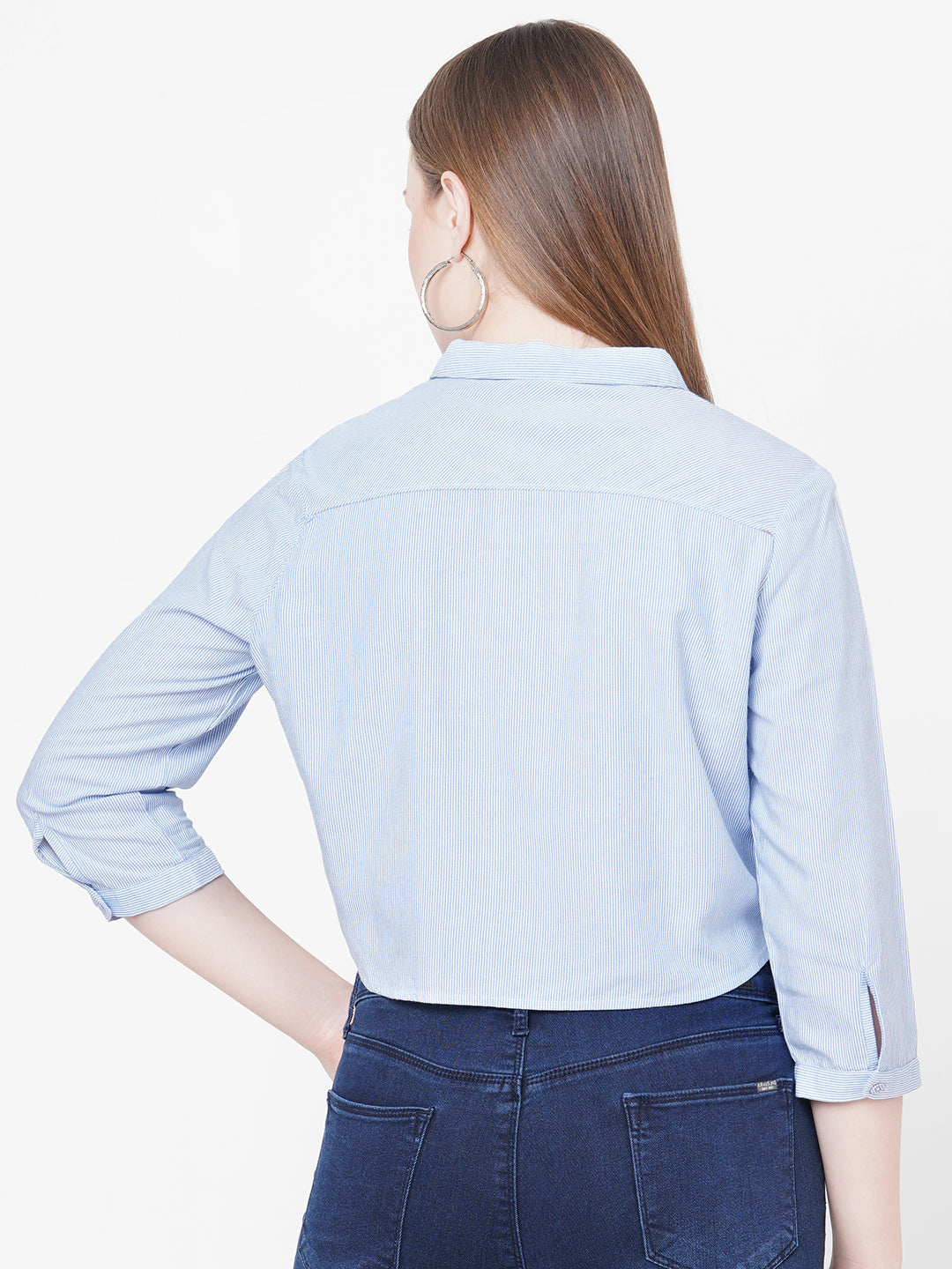 Women Blue White Stripe Tie-Up Crop Shirt