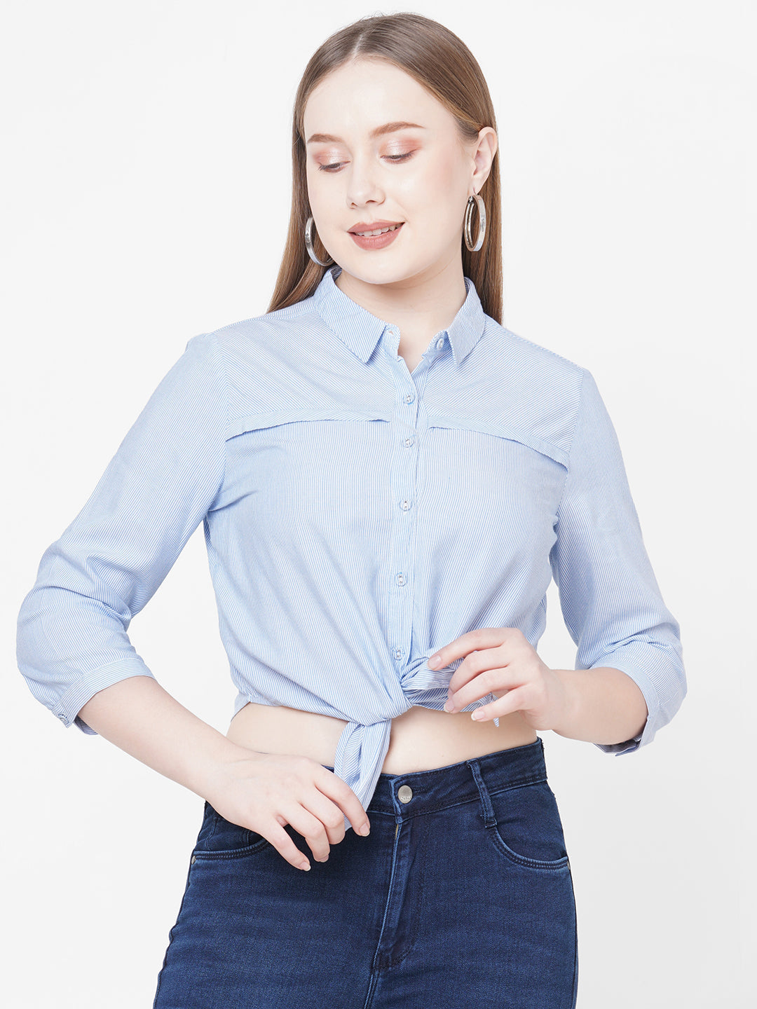 Women Blue White Stripe Tie-Up Crop Shirt