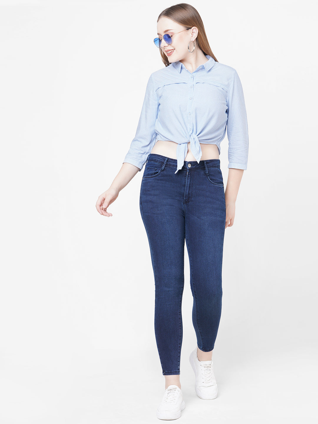 Women Blue White Stripe Tie-Up Crop Shirt