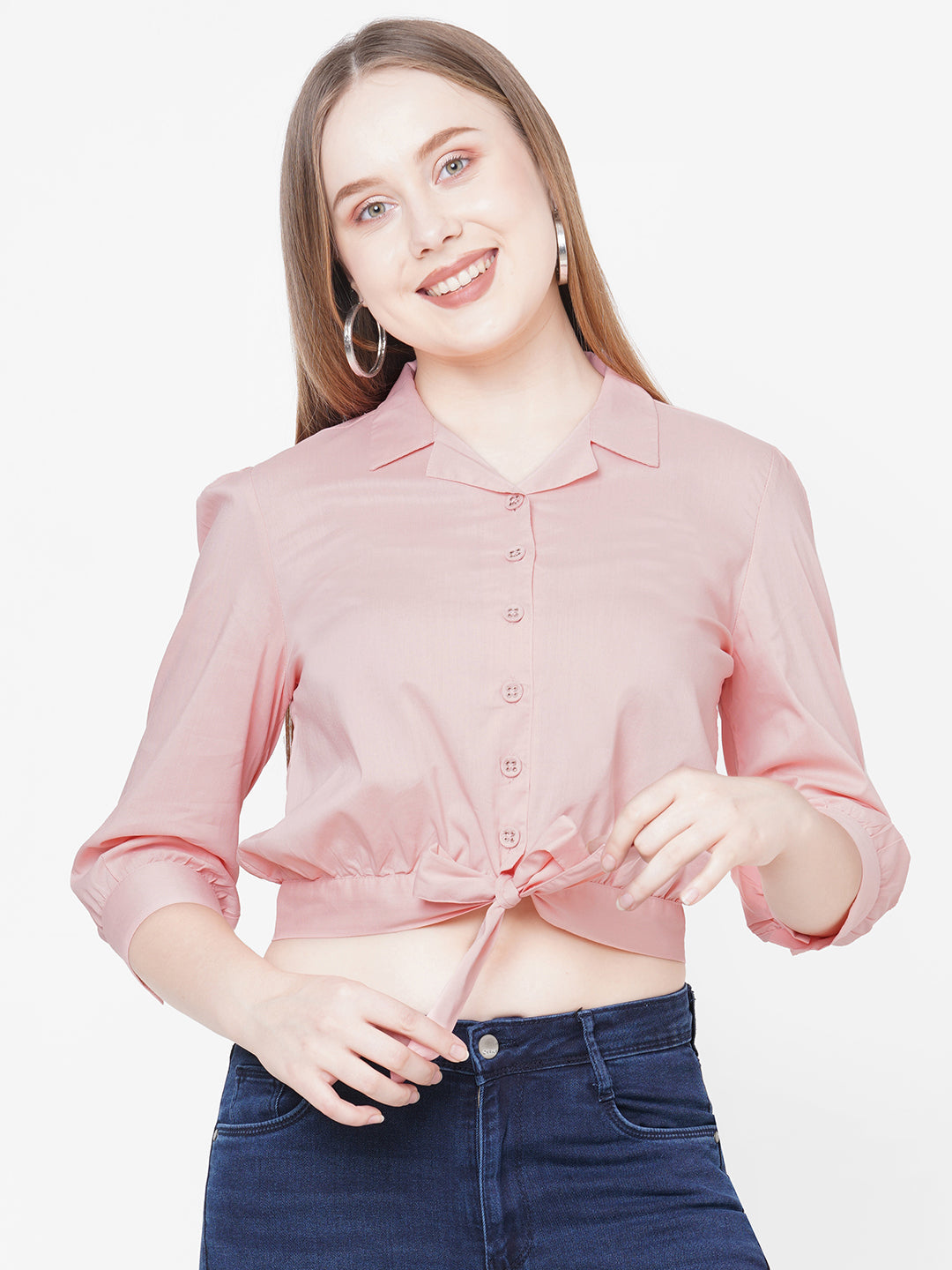 Women Peach Solid Tie-Up Crop Shirt