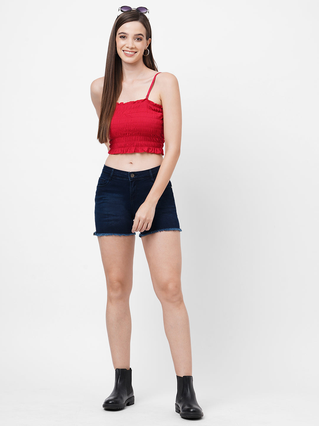 Women Dark Blue High-Rise Slim Shorts