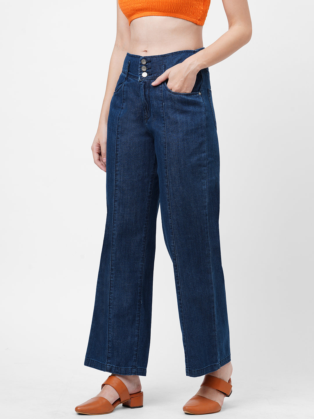 Women Blue High-Rise Wide Leg Jeans