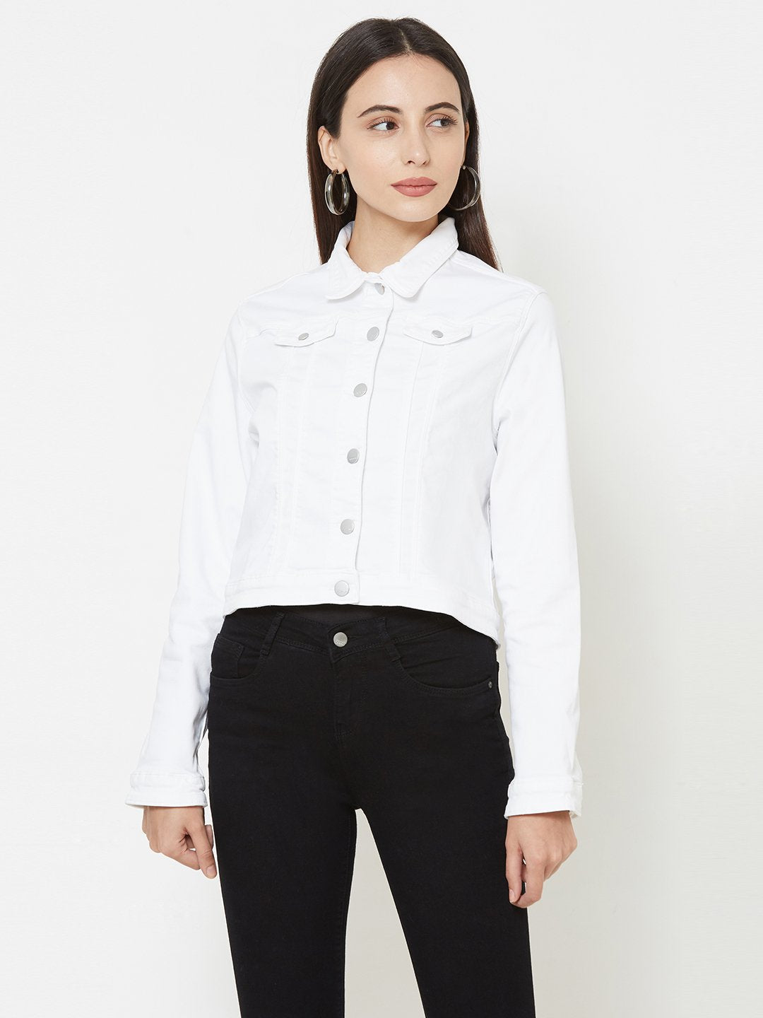 Women White Wovens Denim Jacket