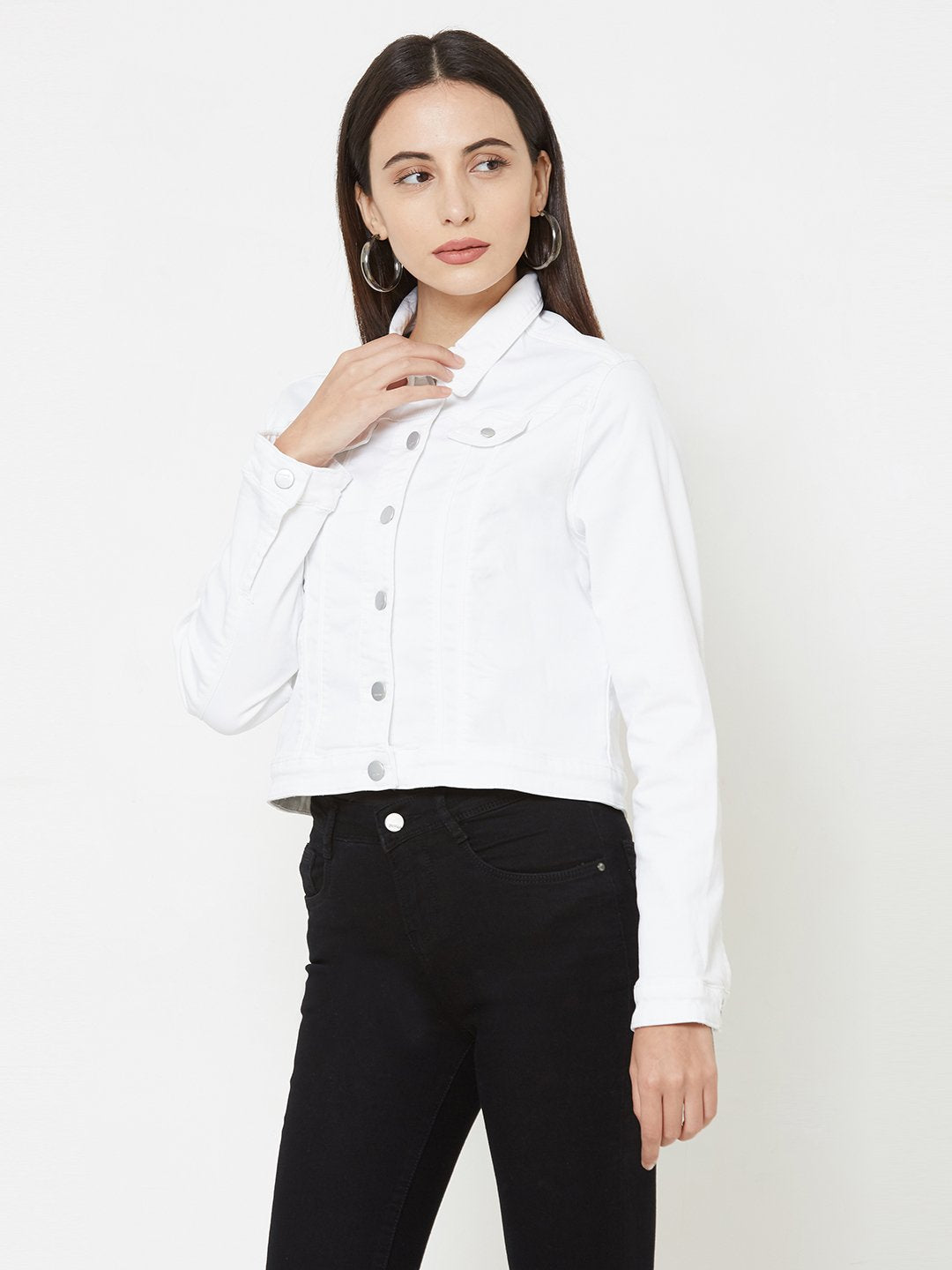 Women White Wovens Denim Jacket