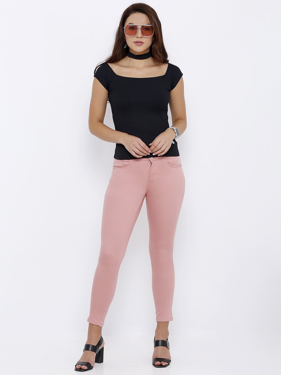 Women Blush Pink Mid-Rise Skinny Crop Jeans