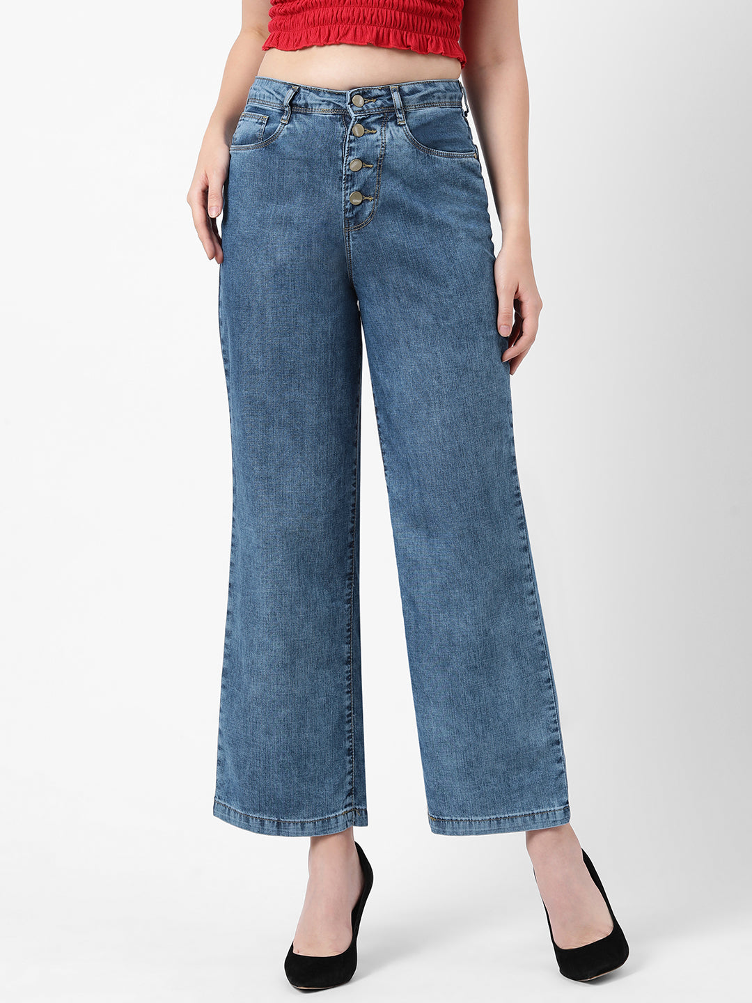 Women Blue High-Rise Wide Leg Jeans