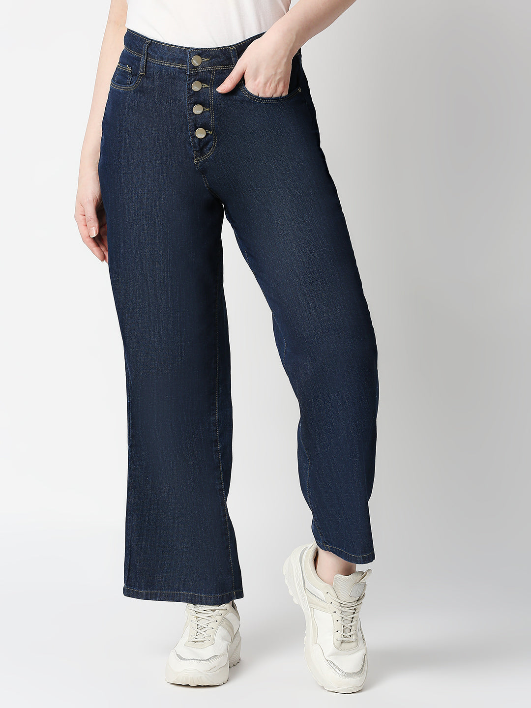Women Dark Blue High-Rise Wide Leg Jeans