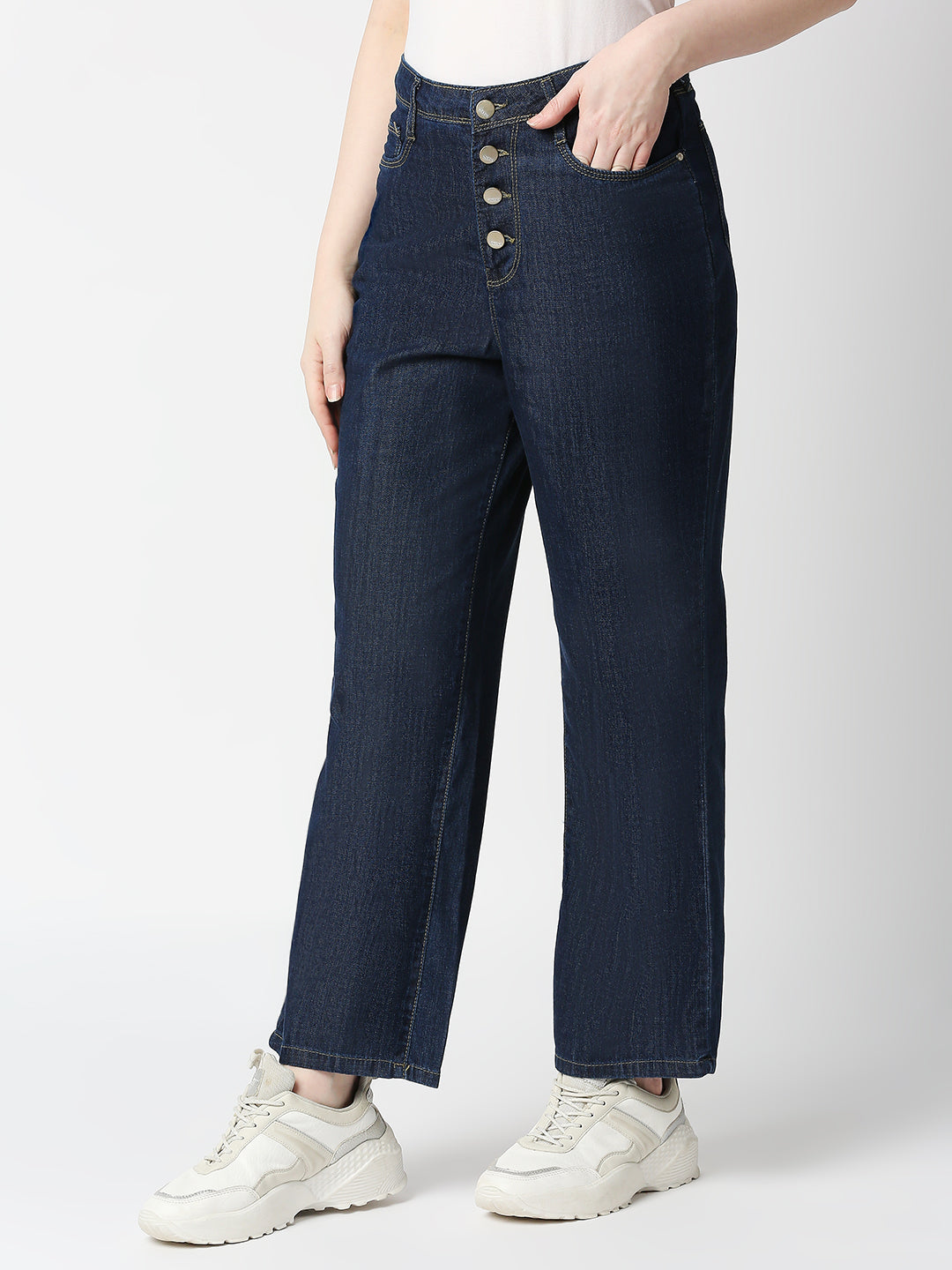 Women Dark Blue High-Rise Wide Leg Jeans