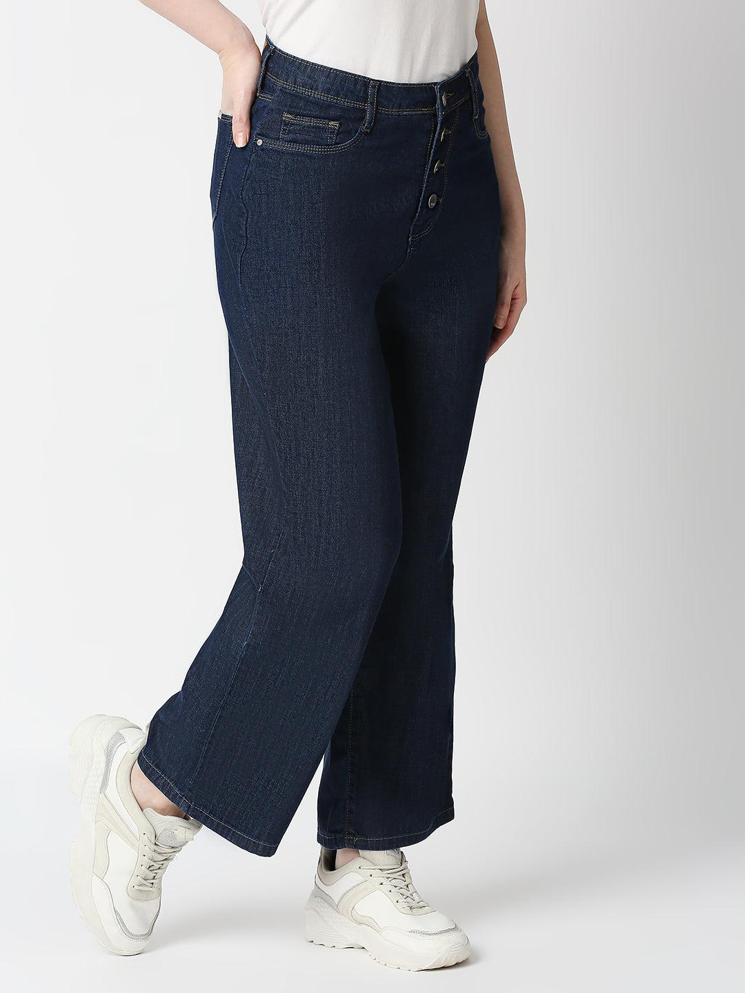Women Dark Blue High-Rise Wide Leg Jeans