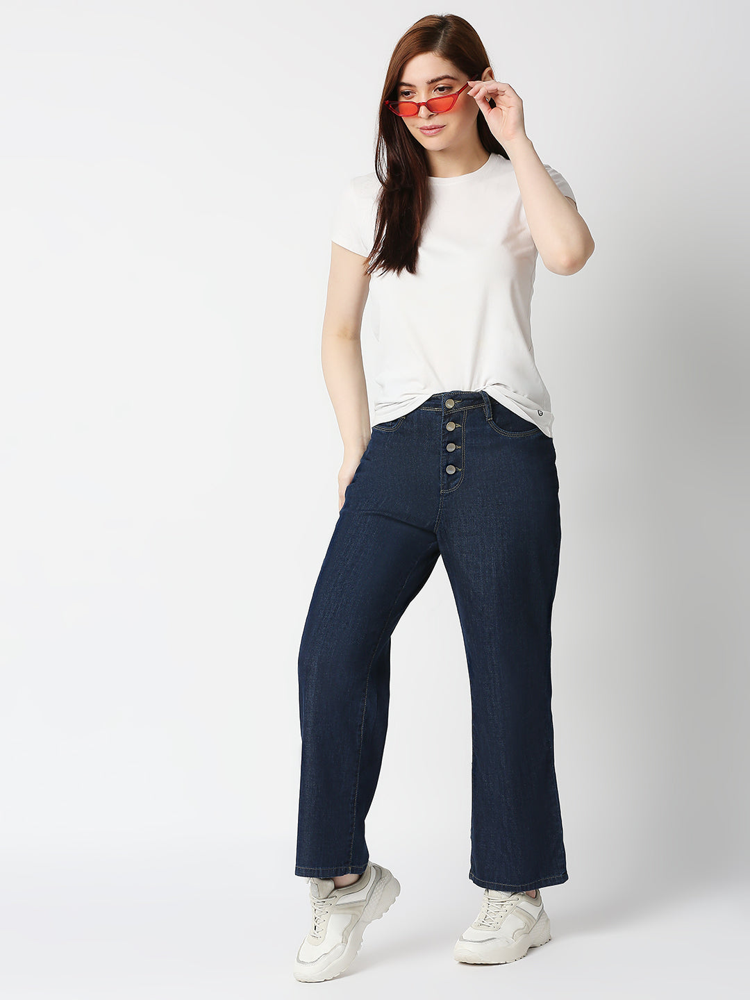Women Dark Blue High-Rise Wide Leg Jeans
