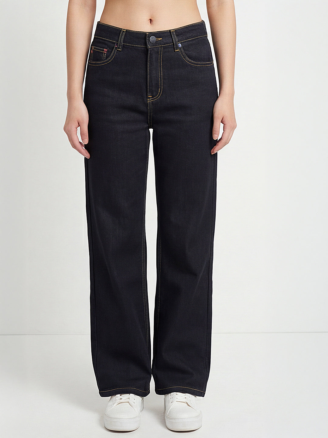 Women Dark Blue High-Rise Super Wide Leg Jeans
