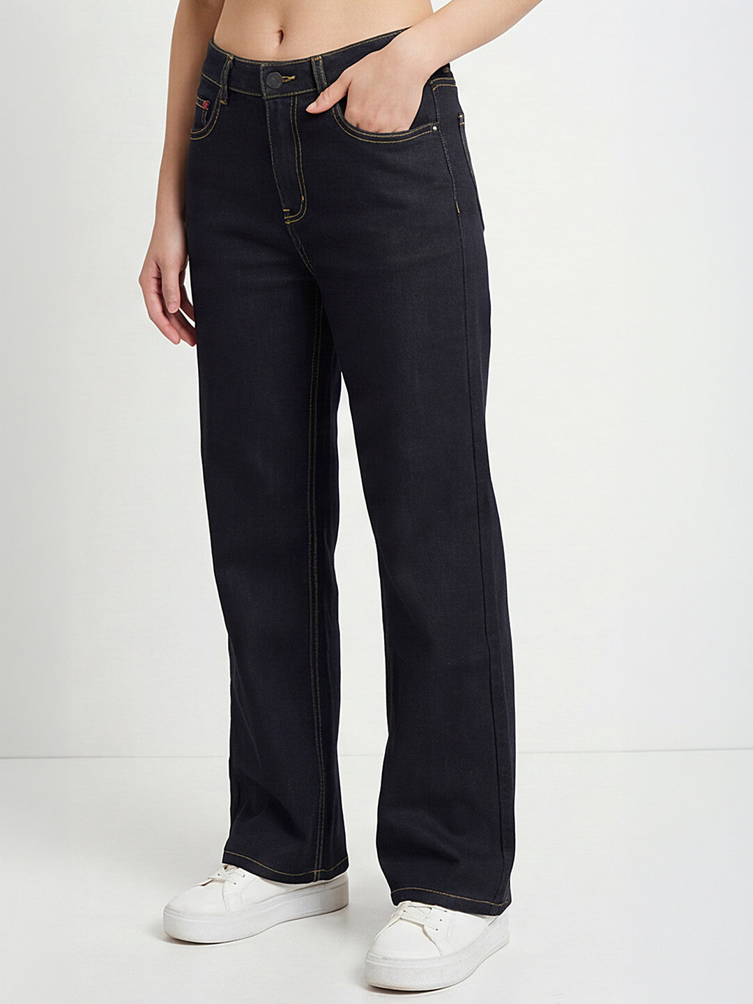 Women Dark Blue High-Rise Super Wide Leg Jeans