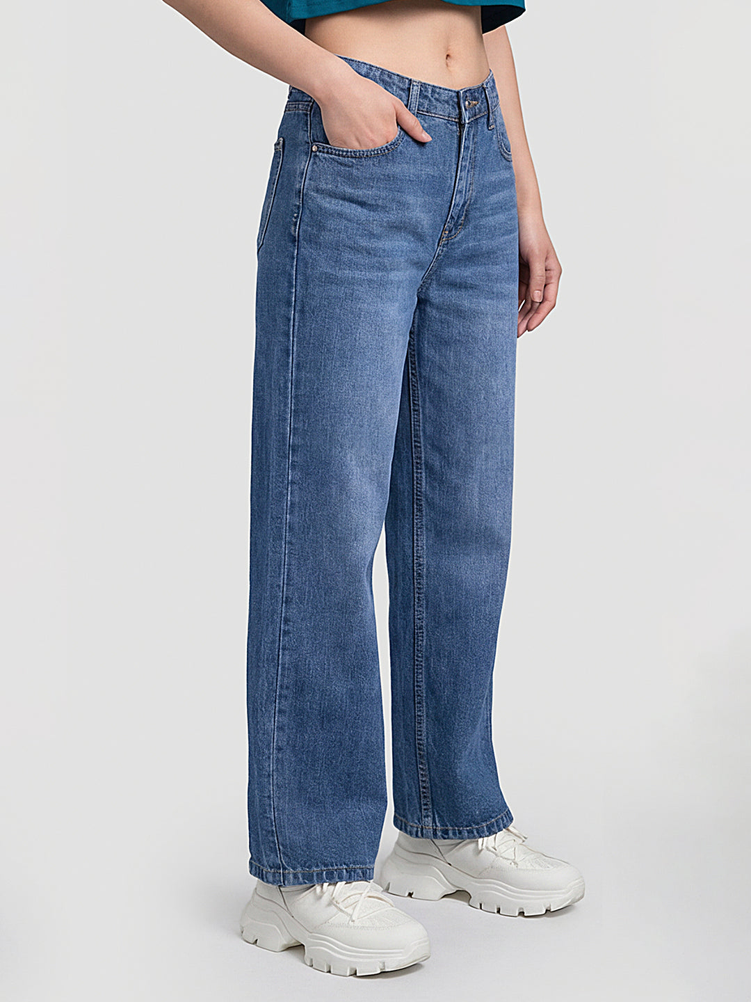 Women Blue High-Rise Crop Wide Leg Jeans