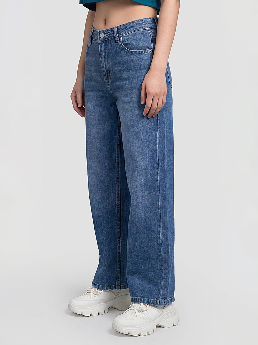 Women Blue High-Rise Crop Wide Leg Jeans