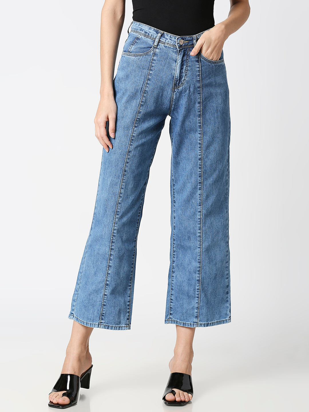 Women Light Blue High-Rise Wide Leg Jeans