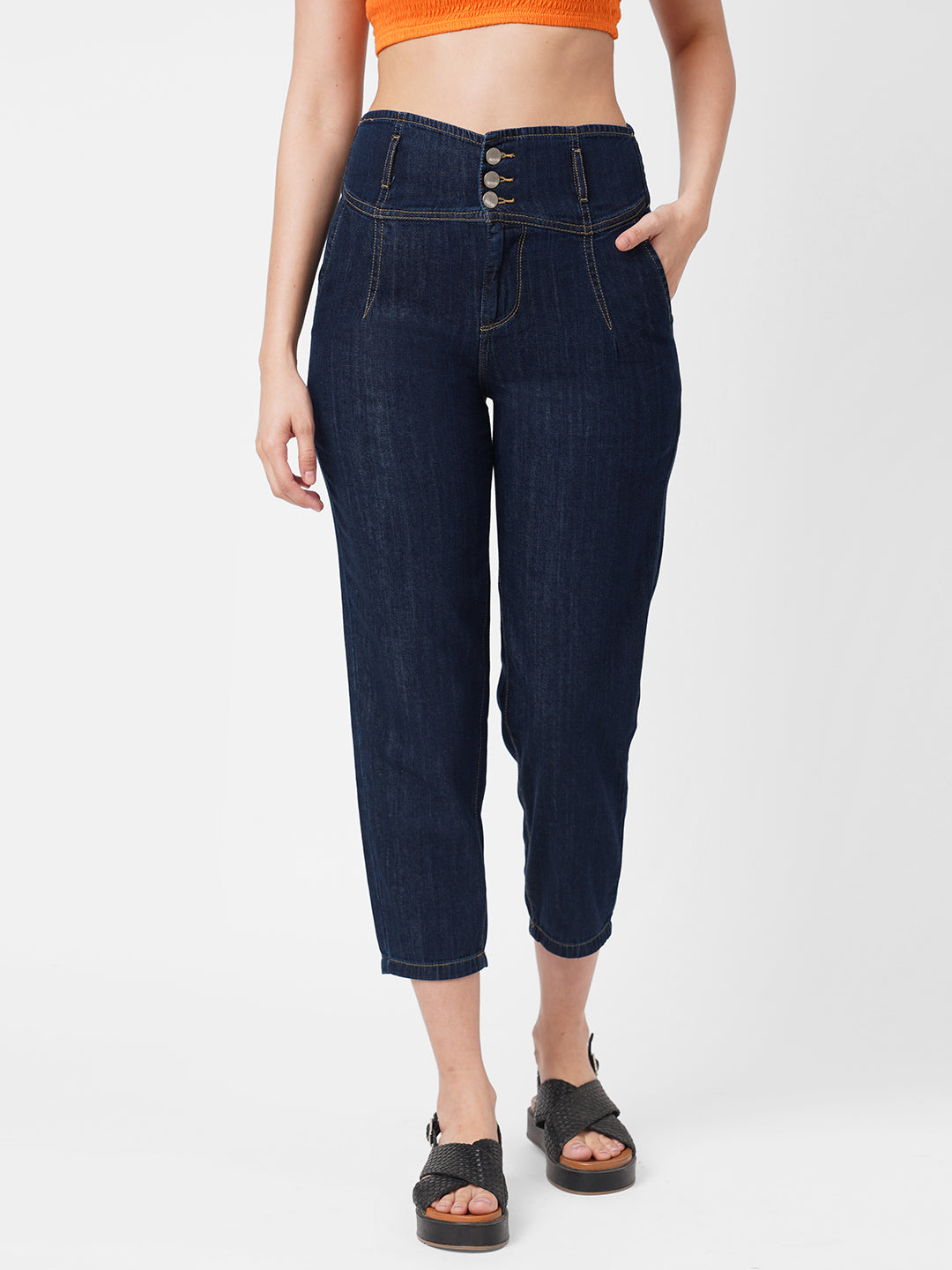 Women Dark Blue High-Rise Baggy Jeans