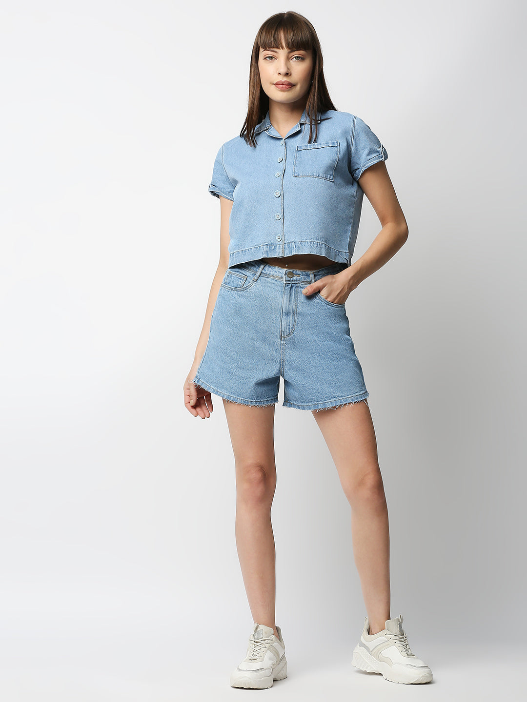 Women Light Blue High-Rise Slim Shorts