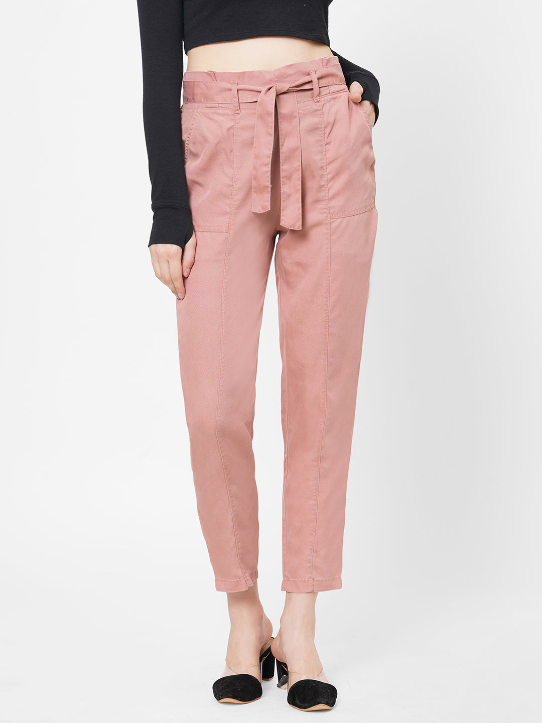 Women Blush Pink Paper Bag Pants