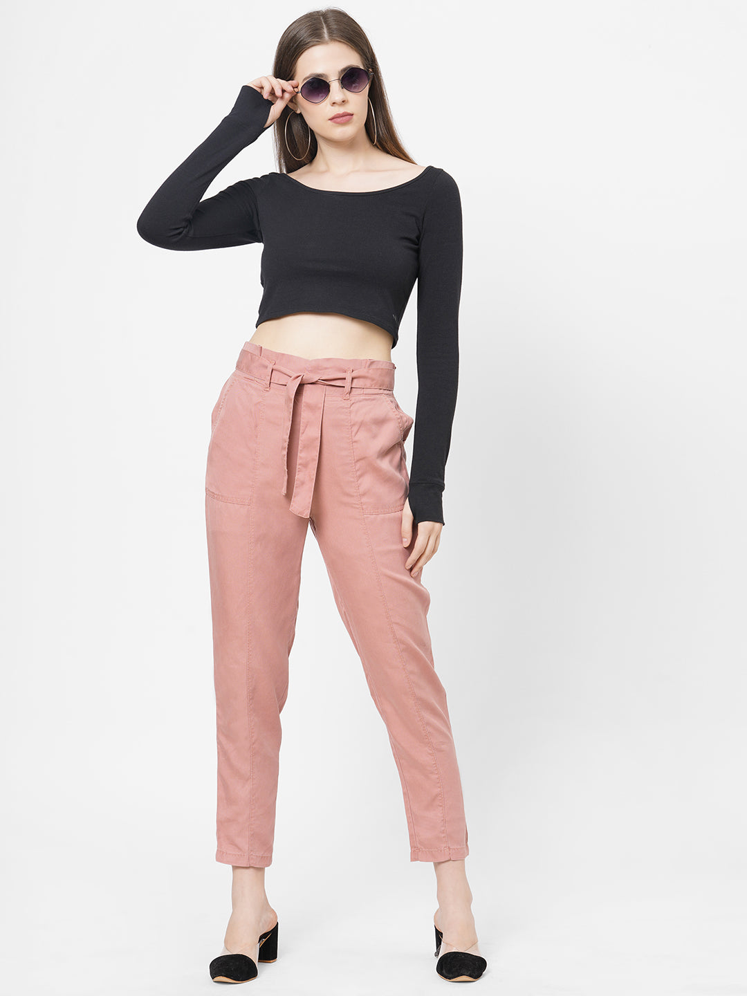 Women Blush Pink Paper Bag Pants