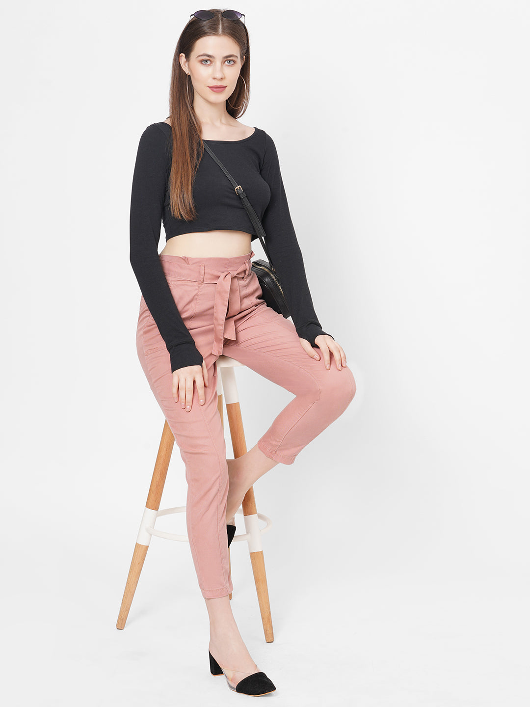 Women Blush Pink Paper Bag Pants