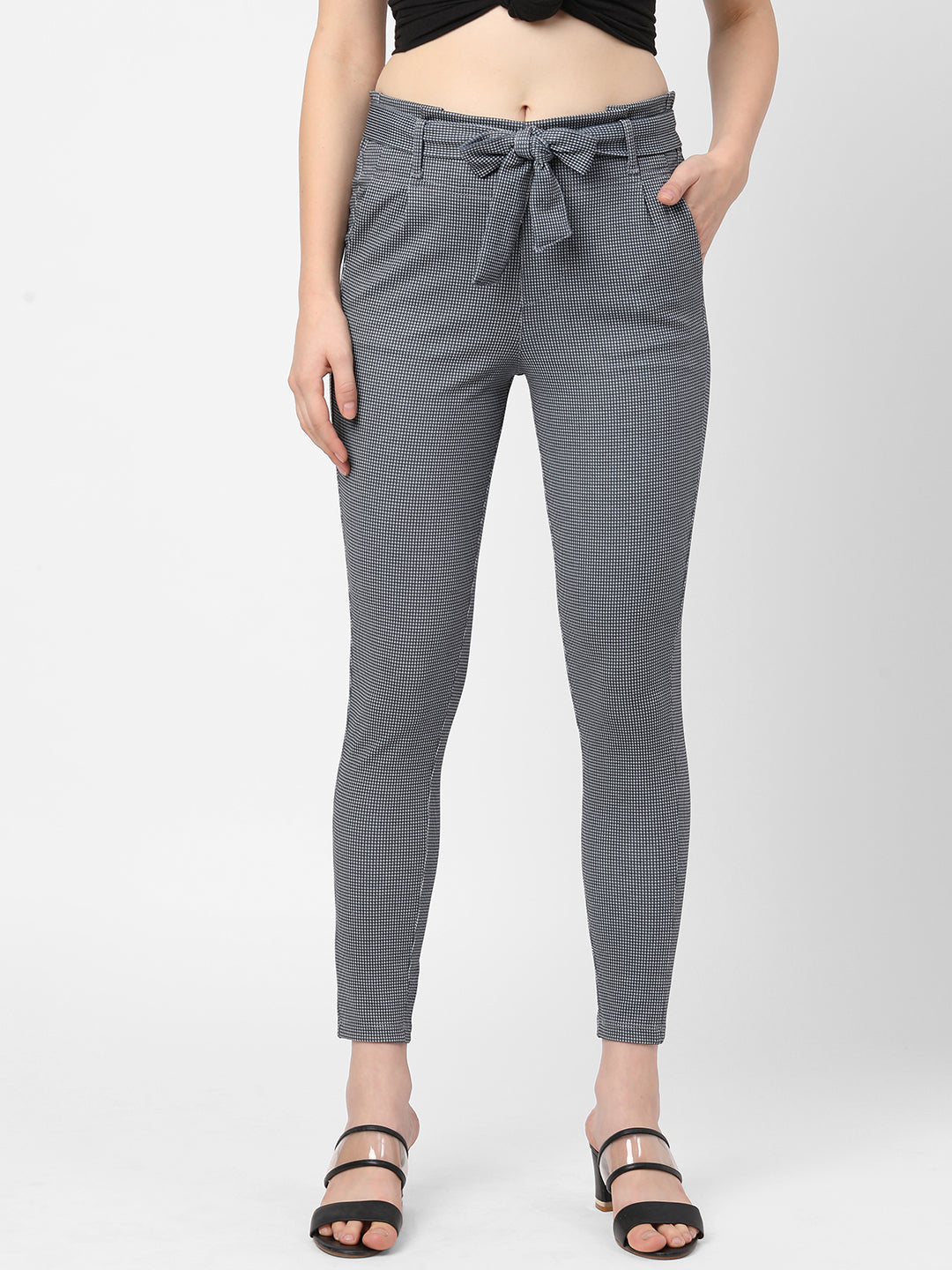 Women Black & Grey High-Rise Paper Bag Pants