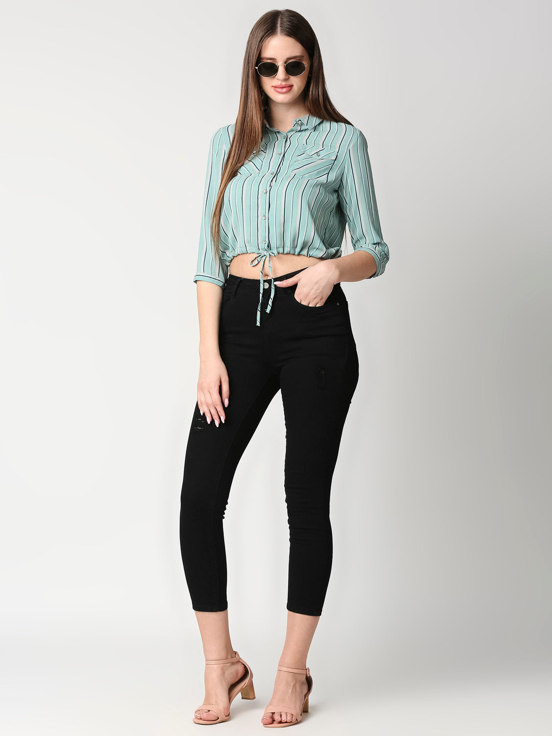 Women Emerald Stripe Crop Shirt