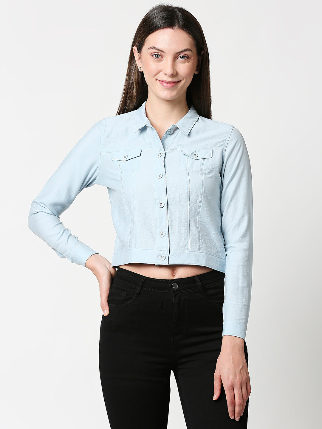 Women Aqua Crop Shirt Jacket
