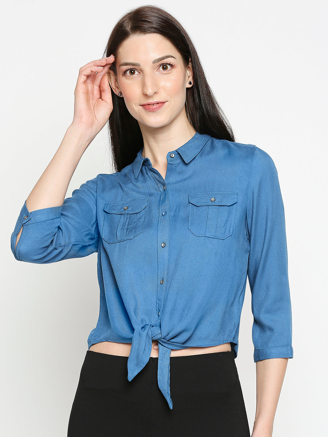 Women Teal Tie-Up Crop Shirt