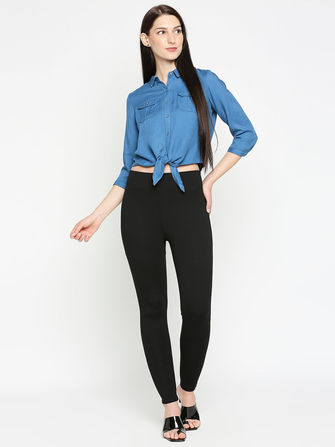 Women Teal Tie-Up Crop Shirt
