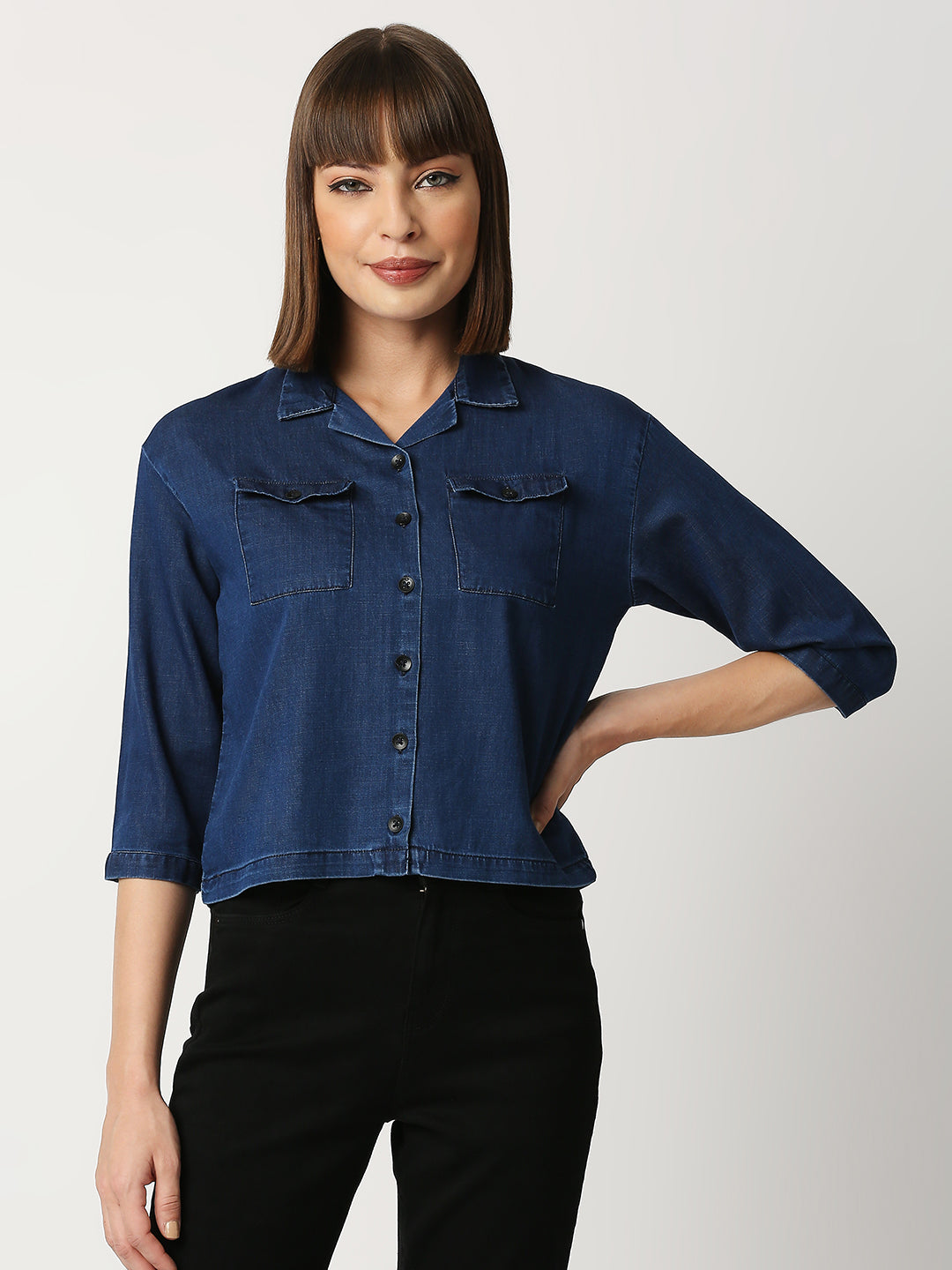 Women Ink Blue Slim Crop Shirt