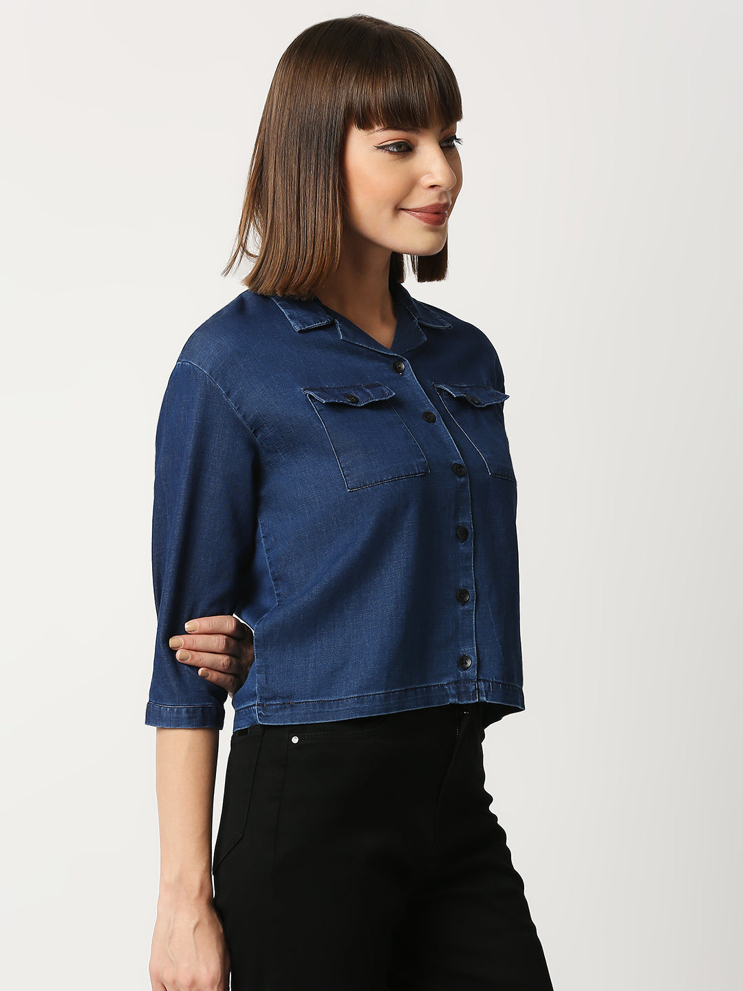 Women Ink Blue Slim Crop Shirt