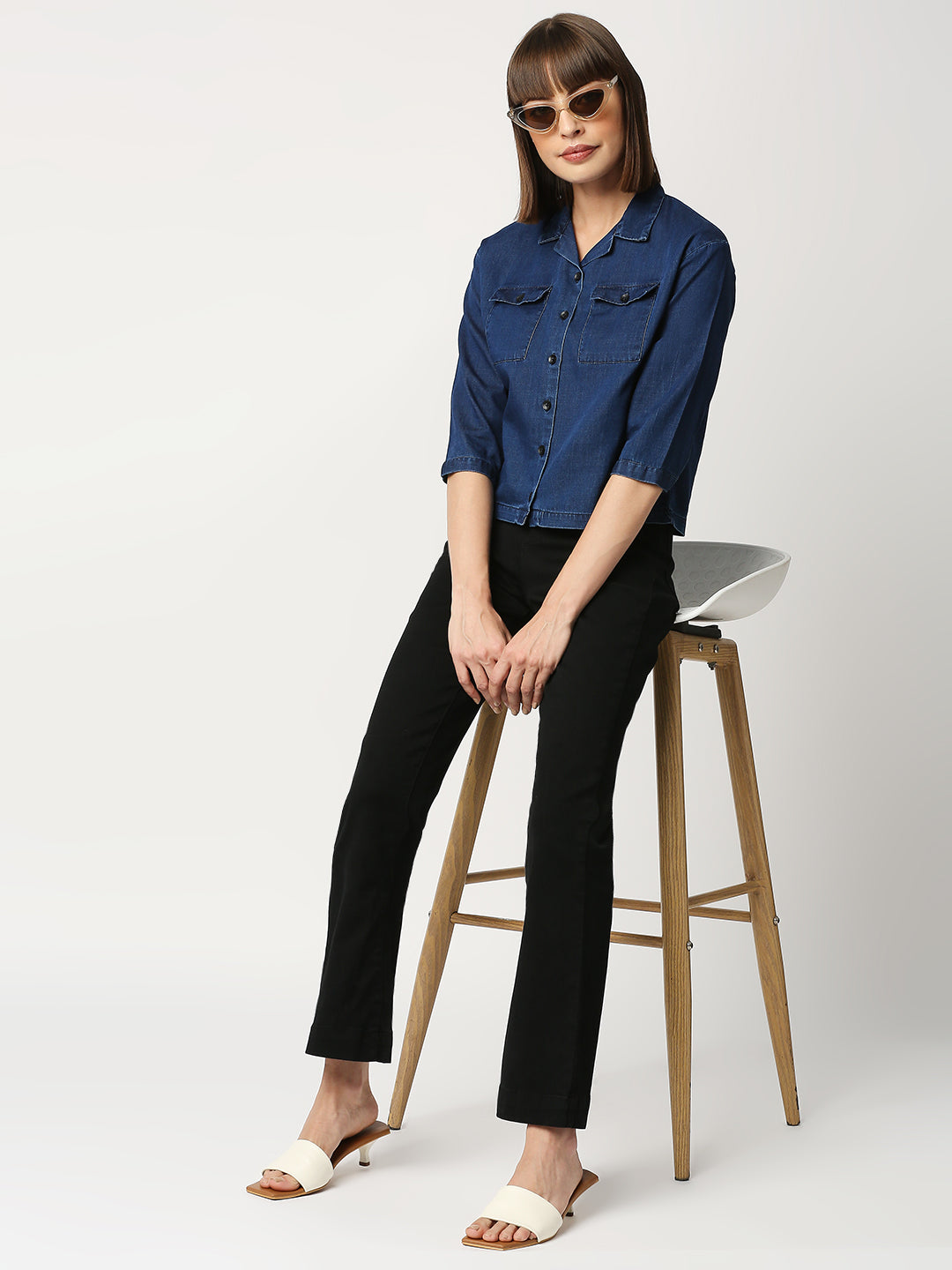 Women Ink Blue Slim Crop Shirt
