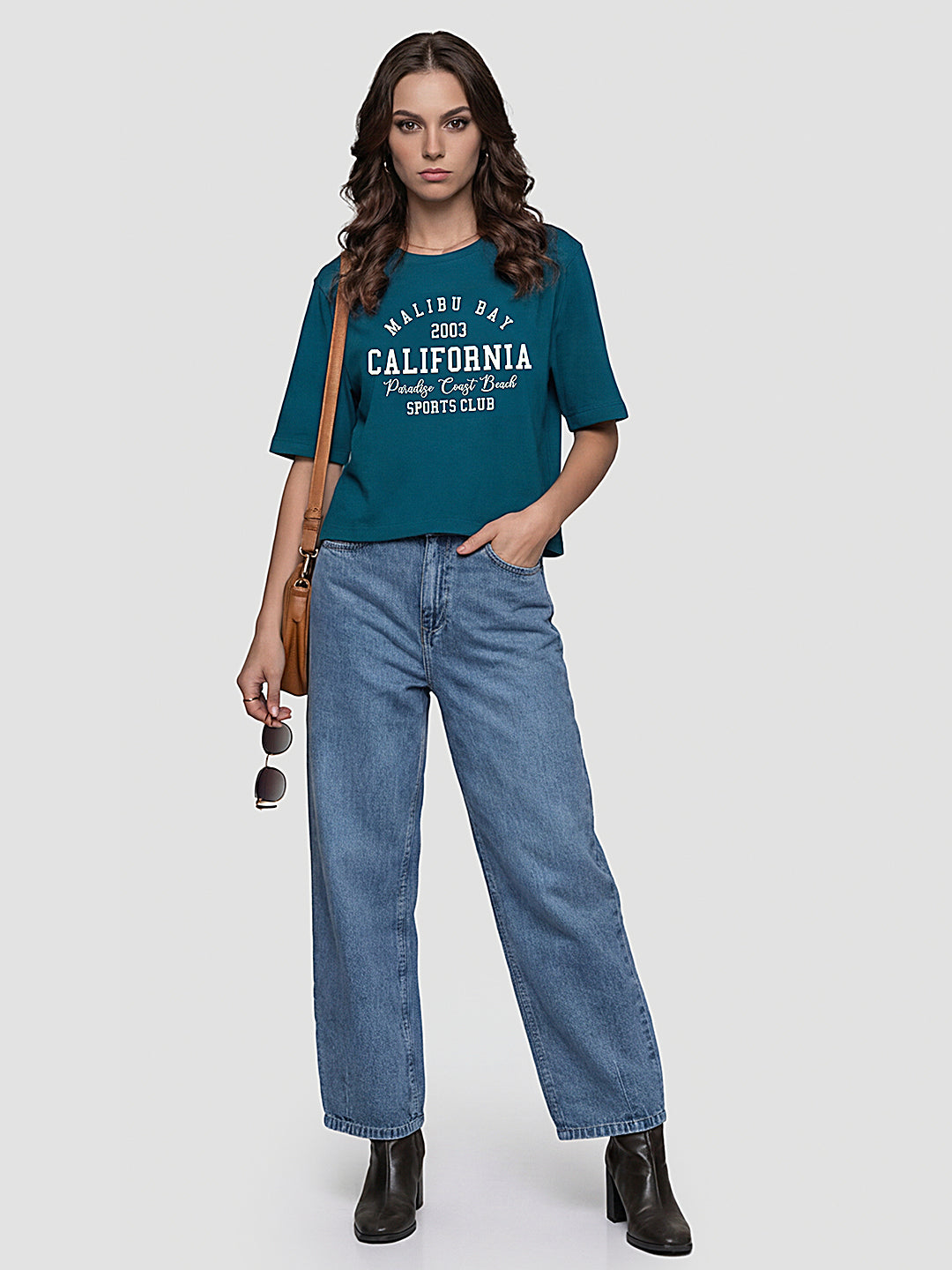 Women Teal Graphic Print Crop Tees