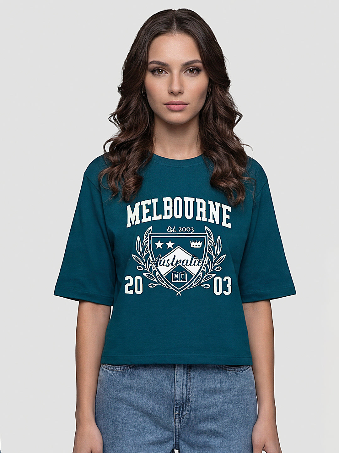 Women Teal Graphic Print Crop Tees